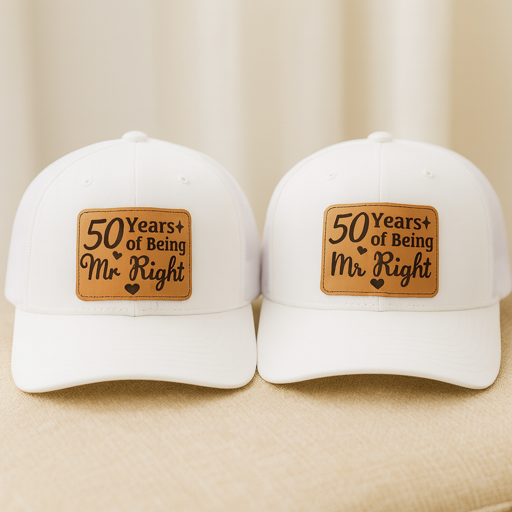 Custom Anniversary Hat – 50 Years of Being Mr. Right Cap, Personalized Gift for Husband, Golden Wedding Hat VHA163