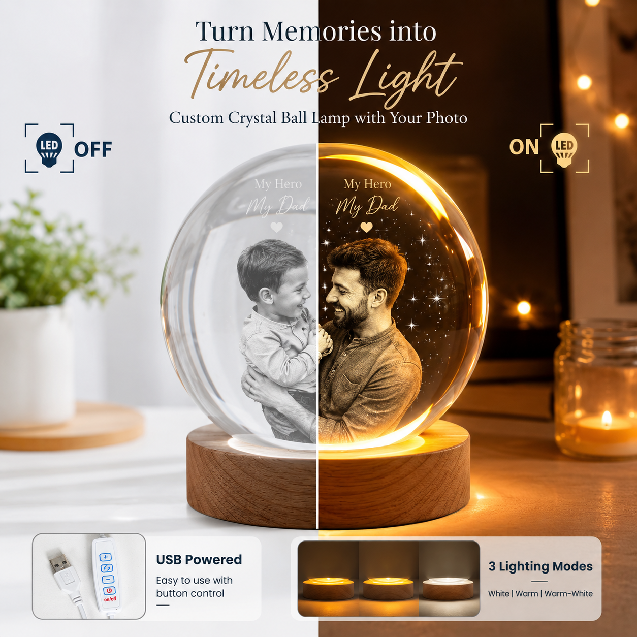 Custom Dad Crystal Ball Night Light, Personalized Photo Lamp, Father’s Day Gift For Dad THUC99