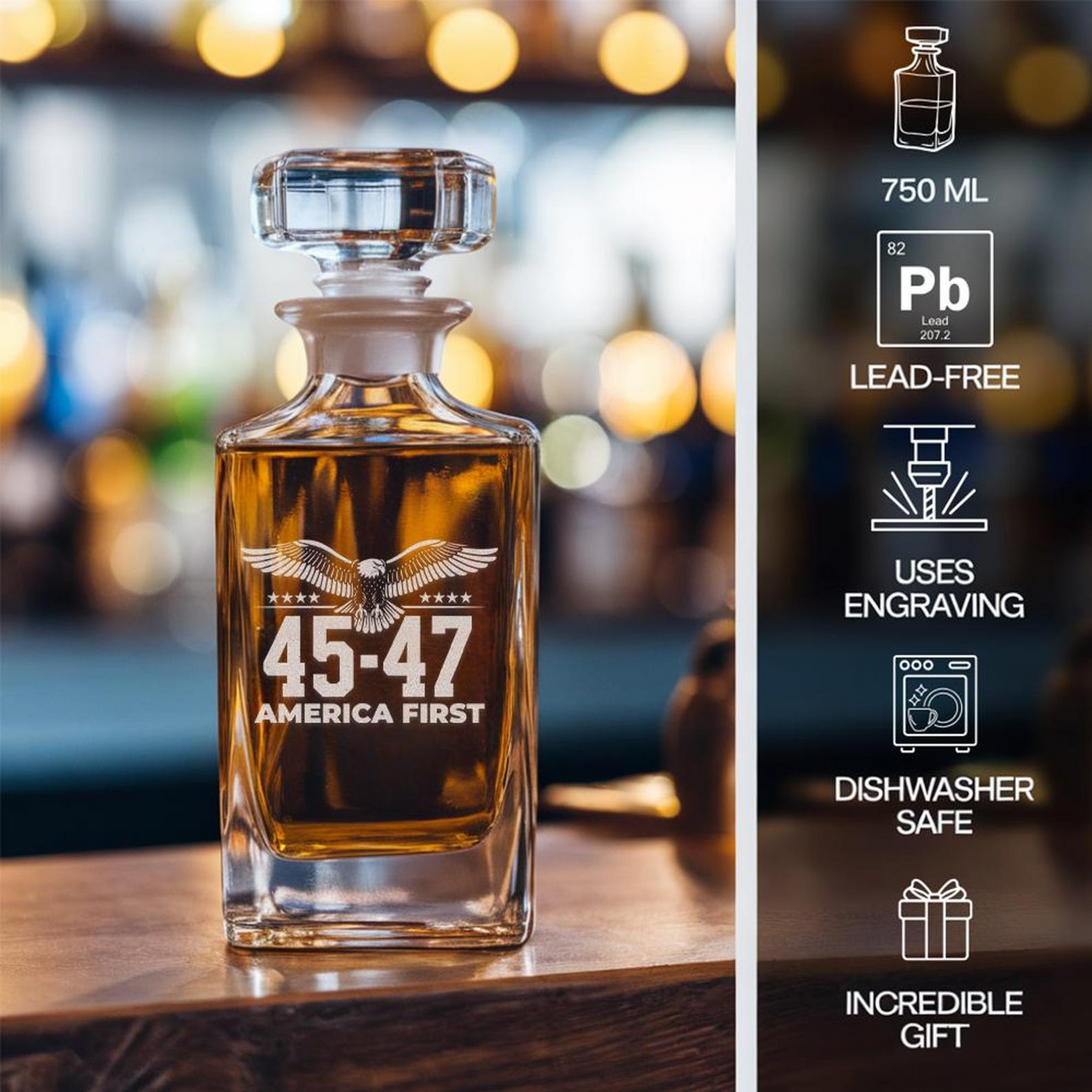 Trump 45/47 Whiskey Decanter | "America First" Engraved Bourbon Decanter | MAGA Whiskey Gift | Trump Supporter Barware