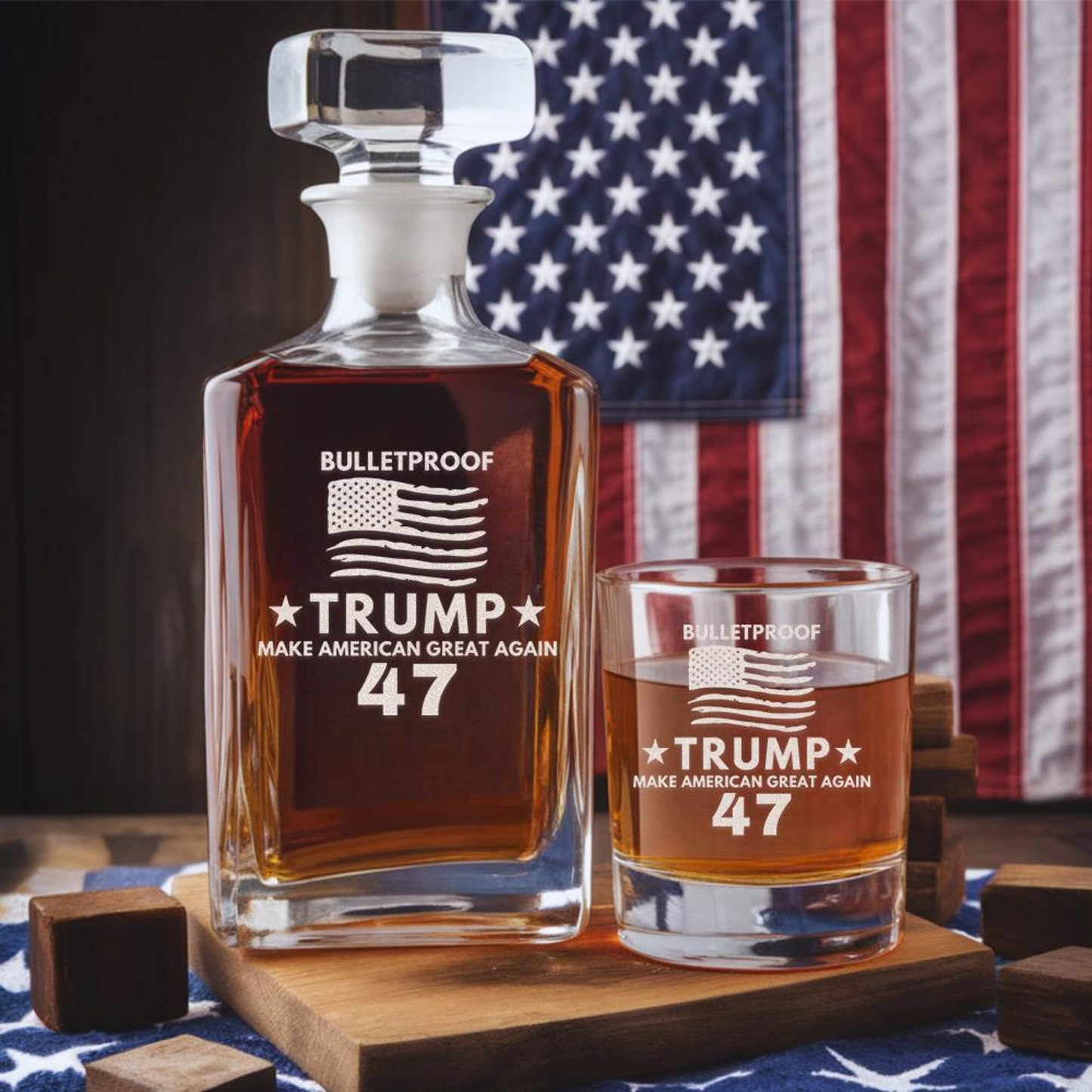 Trump President Whiskey Decanter Set | Trump Bulletproof Whiskey Glass 47 | Patriotic Gift for Trump Supporters EO04