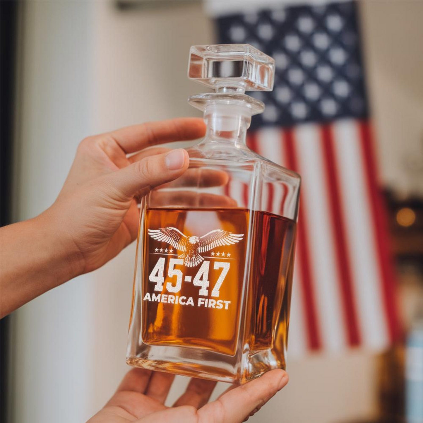 Trump 45/47 Whiskey Decanter | "America First" Engraved Bourbon Decanter | MAGA Whiskey Gift | Trump Supporter Barware