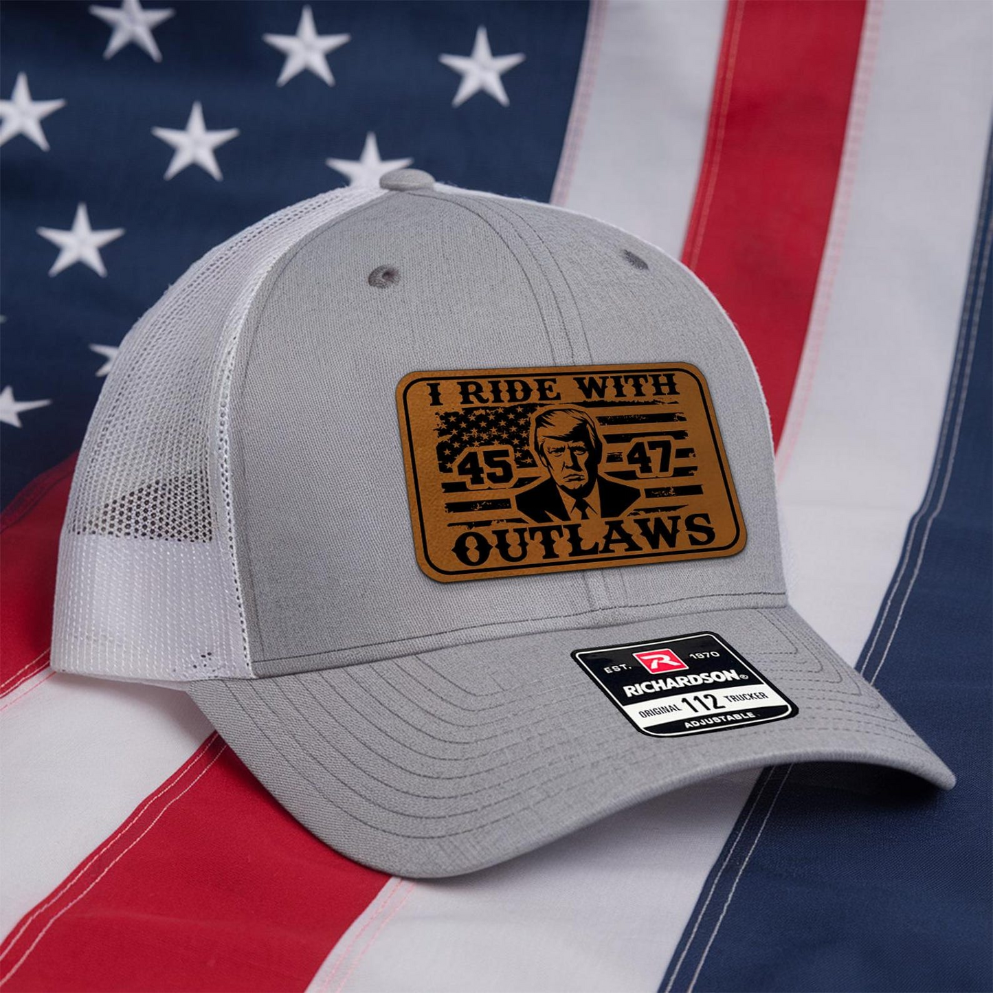 I Ride with Outlaws | 45 47 Hat | Trump Hat | Trump 45 47 Trucker Cap | Patch Trucker Hat | Trump Richardson 112 | Support Trump