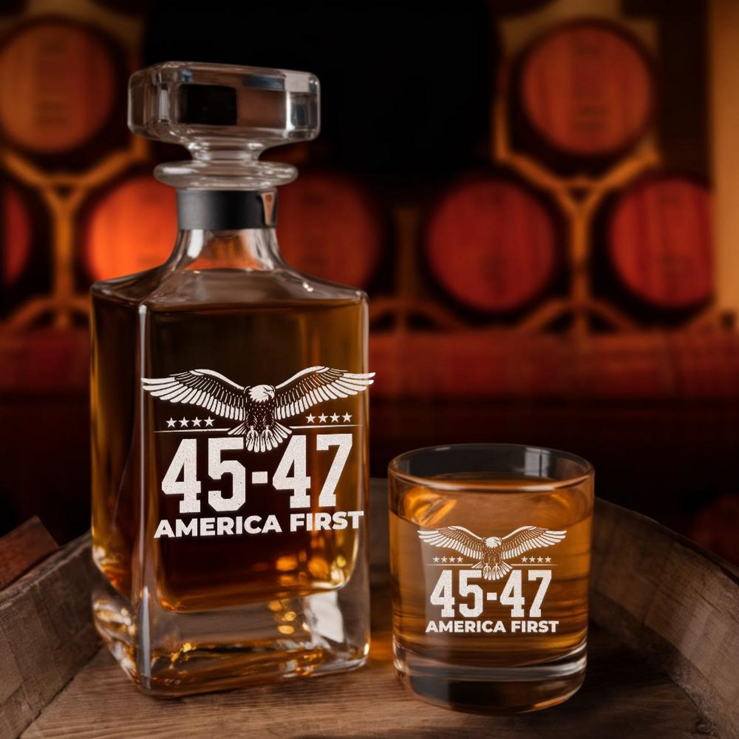 Trump 45/47 Whiskey Decanter | "America First" Engraved Bourbon Decanter | MAGA Whiskey Gift | Trump Supporter Barware
