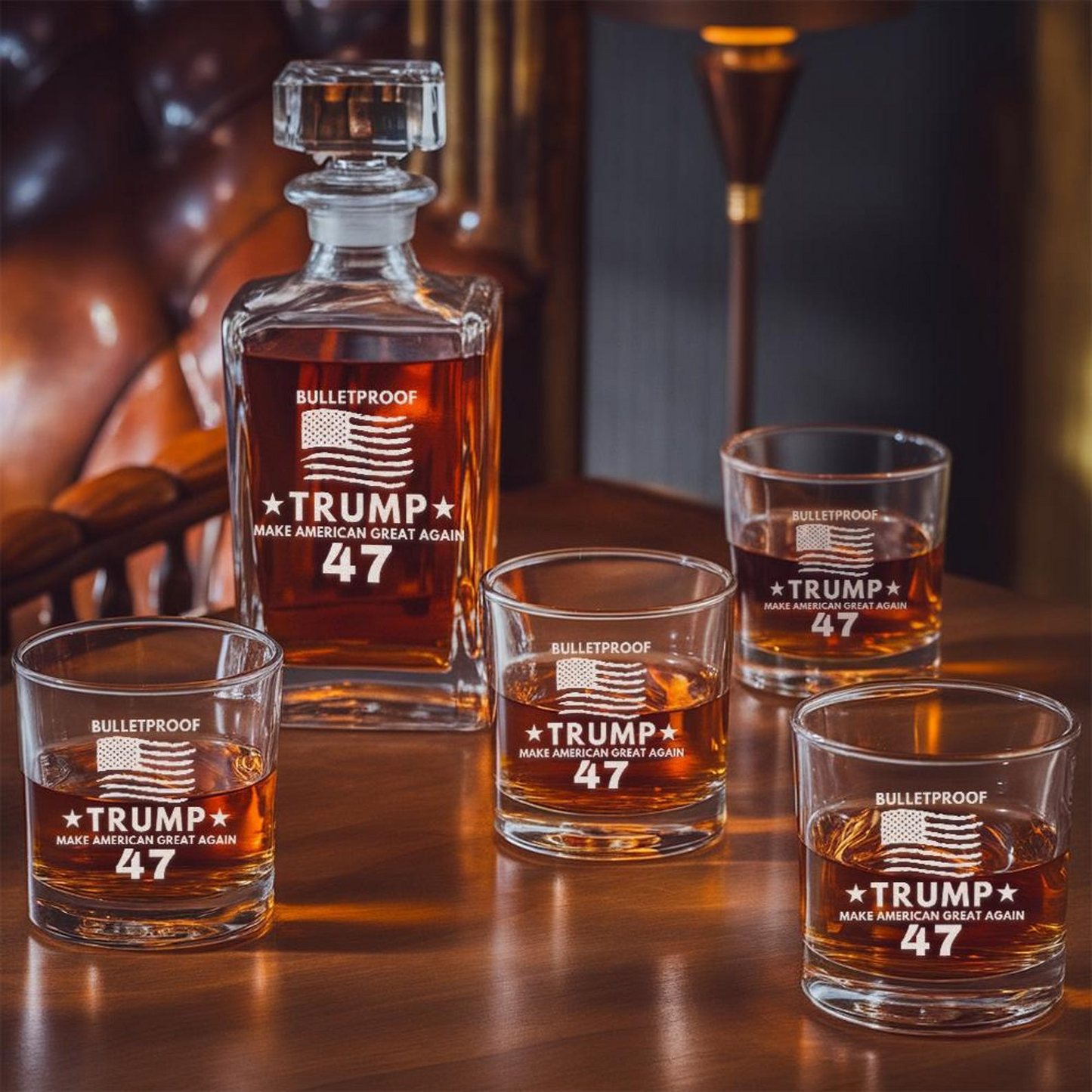 Trump President Whiskey Decanter Set | Trump Bulletproof Whiskey Glass 47 | Patriotic Gift for Trump Supporters EO04