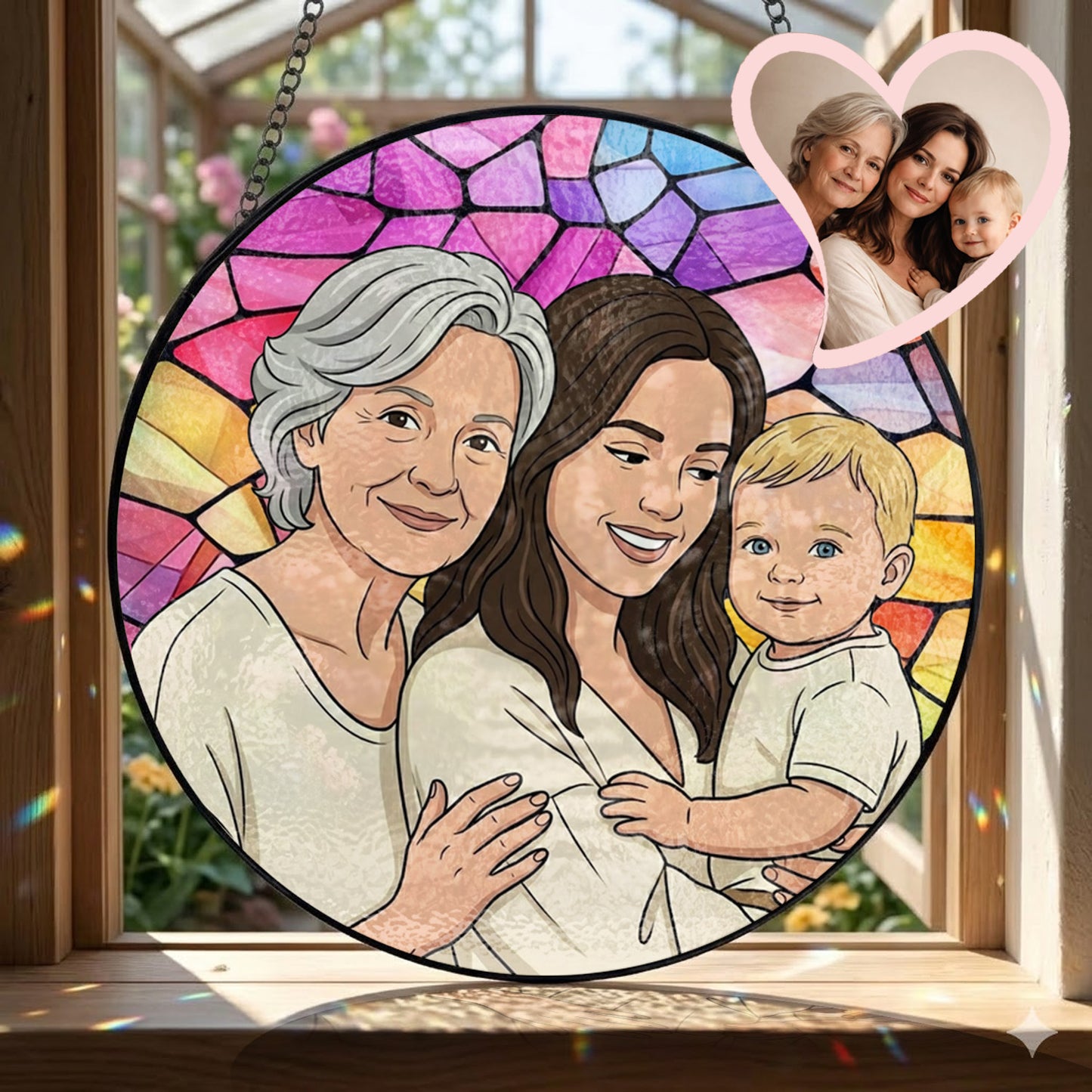 Custom Family Photo Glass Suncatcher – Grandma Gift, Mother's Day Decor THUC99