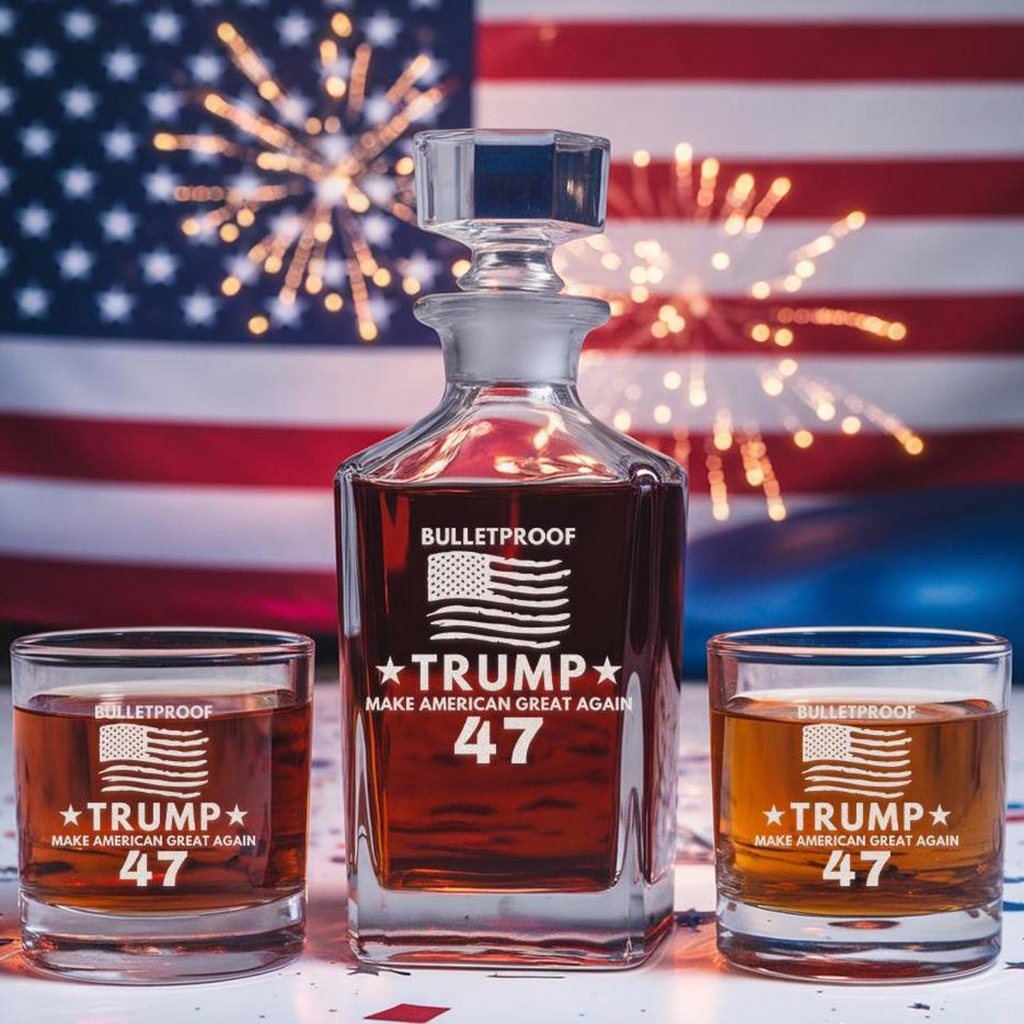 Trump President Whiskey Decanter Set | Trump Bulletproof Whiskey Glass 47 | Patriotic Gift for Trump Supporters EO04