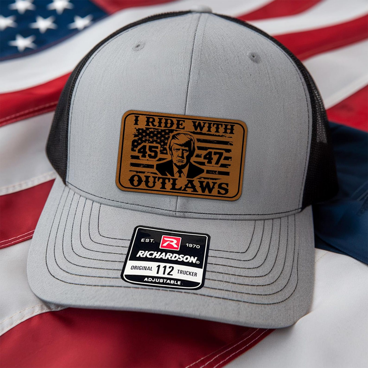 I Ride with Outlaws | 45 47 Hat | Trump Hat | Trump 45 47 Trucker Cap | Patch Trucker Hat | Trump Richardson 112 | Support Trump