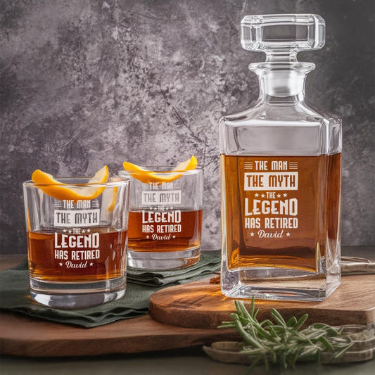 Personalized The Man The Myth The Legend Whiskey Glass And Decanter Set | Retirement Engraved Whiskey Glass | Funny Retired Gifts for Dad