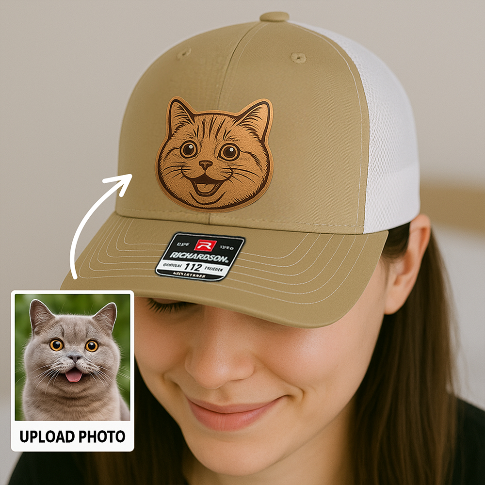 Custom Pet Photo Trucker Hat – Personalized Leather Patch Hat – Cat Portrait Gift – Custom Pet Face Hat P99A15