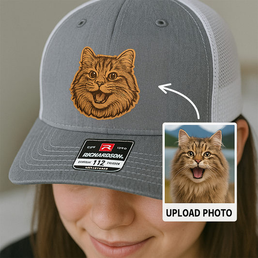 Custom Pet Photo Trucker Hat – Personalized Leather Patch Hat – Cat Portrait Gift – Custom Pet Face Hat P99A14