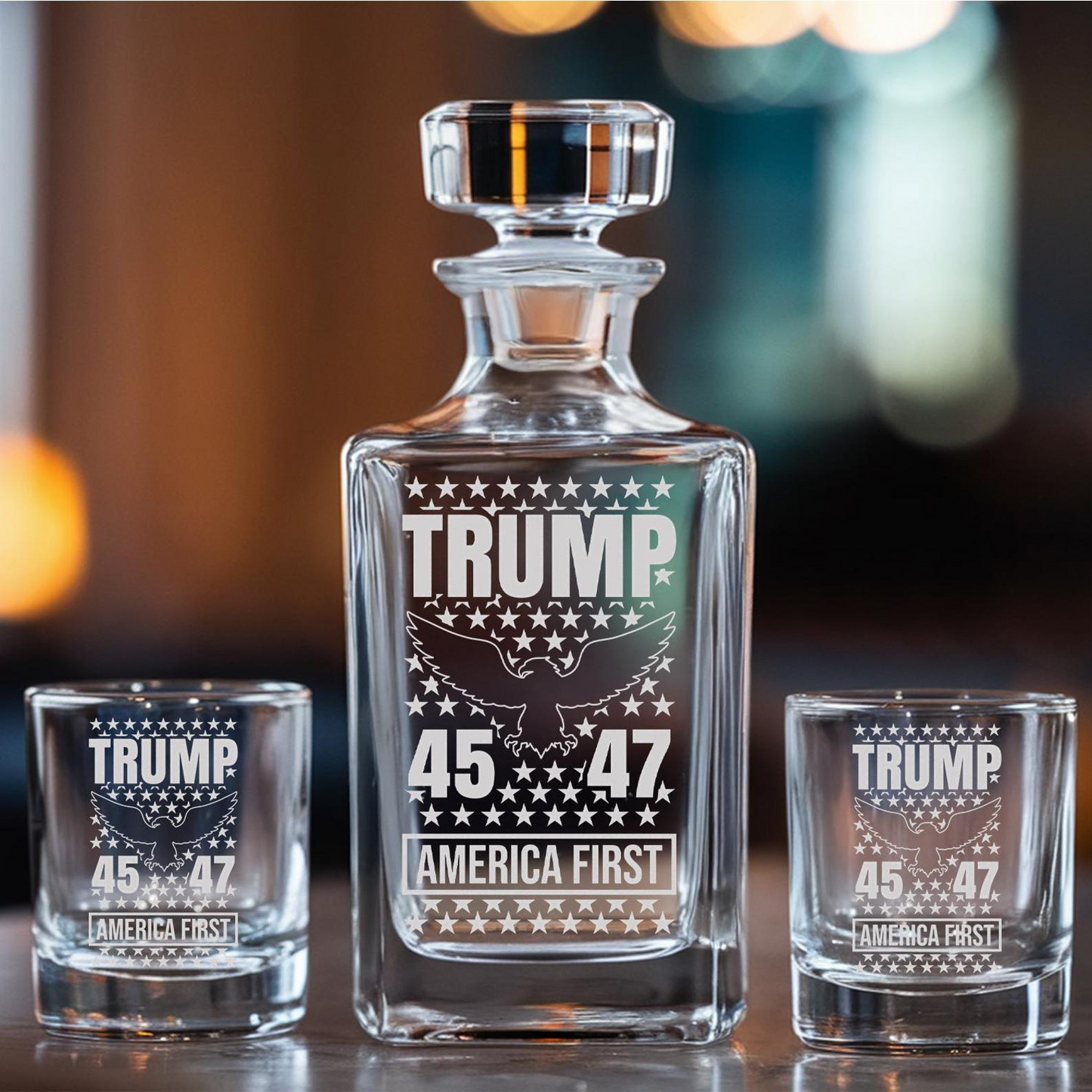Trump 45/47 Whiskey Decanter - "America First" Engraved Glass Decanter | Patriotic Gift for Trump Supporters | MAGA Gifts