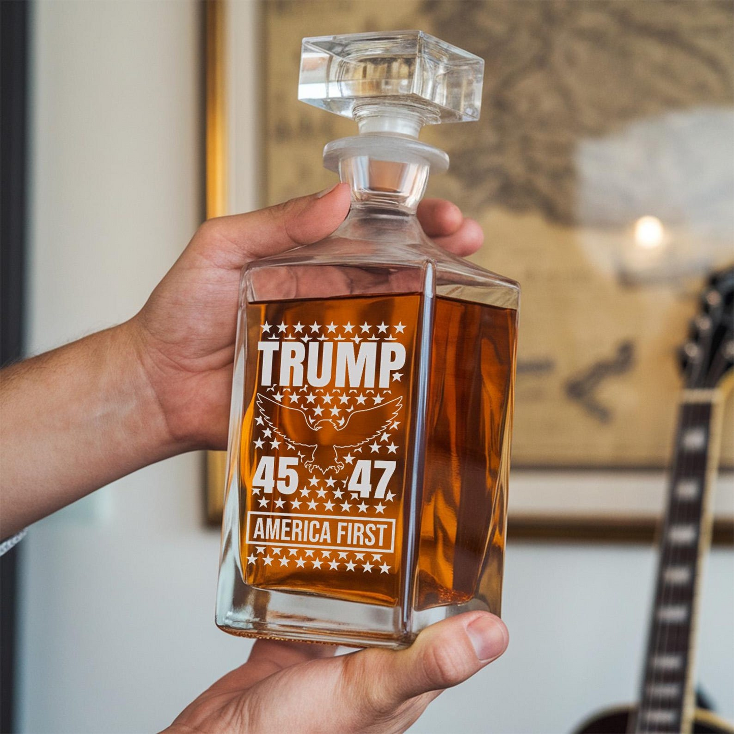 Trump 45/47 Whiskey Decanter - "America First" Engraved Glass Decanter | Patriotic Gift for Trump Supporters | MAGA Gifts