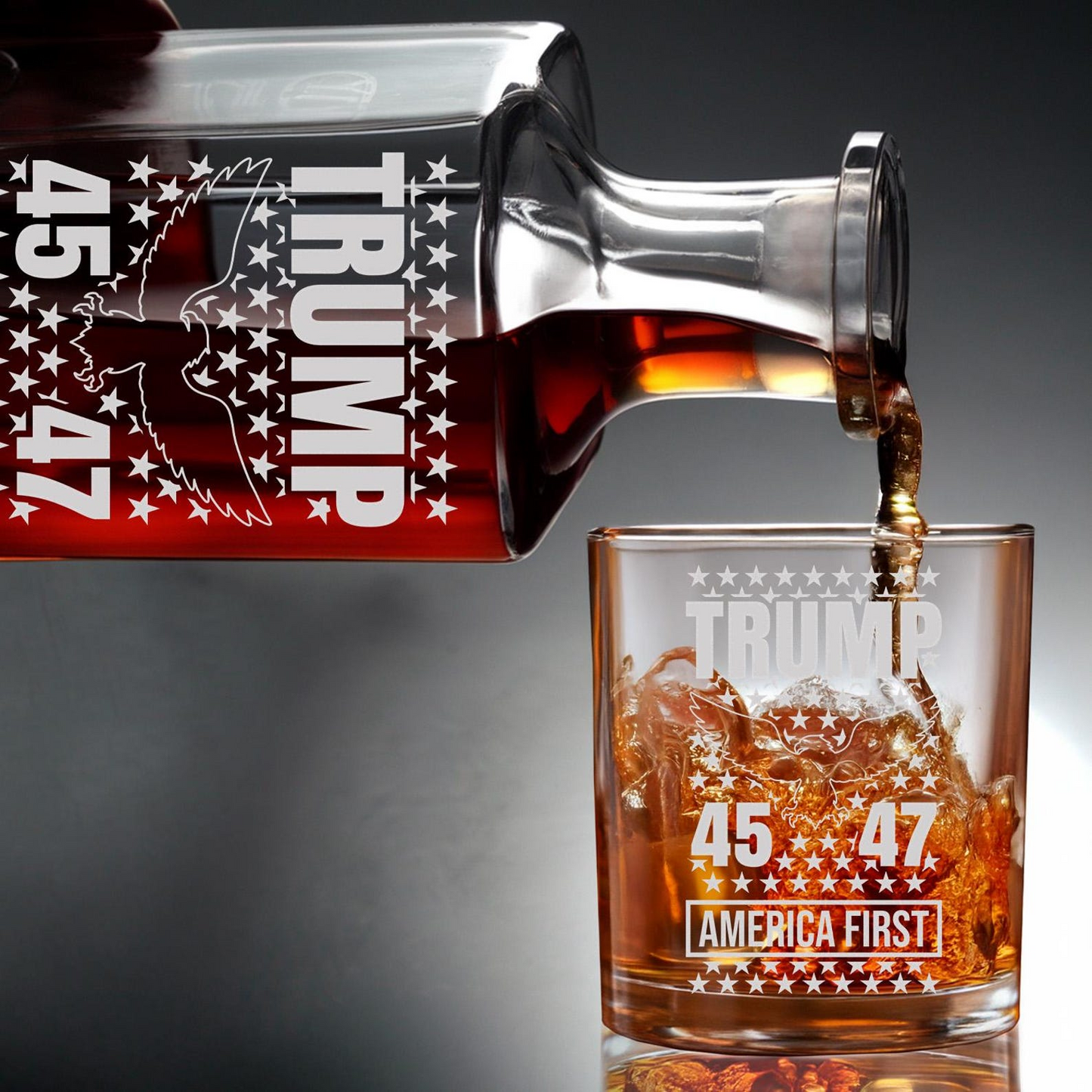 Trump 45/47 Whiskey Decanter - "America First" Engraved Glass Decanter | Patriotic Gift for Trump Supporters | MAGA Gifts