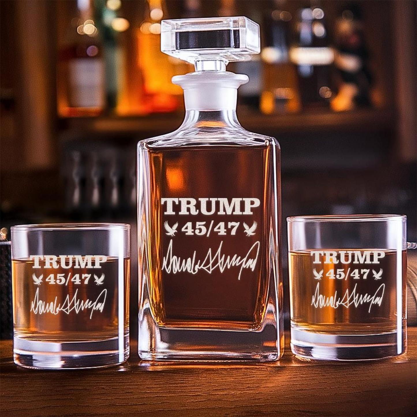 Trump 4547 Whiskey Decanter Set | Engraved Trump Presidential Whiskey Glasses