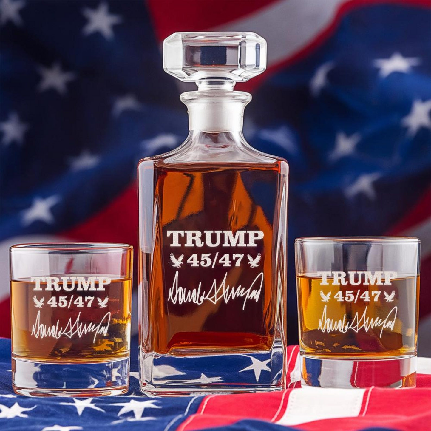 Trump 4547 Whiskey Decanter Set | Engraved Trump Presidential Whiskey Glasses