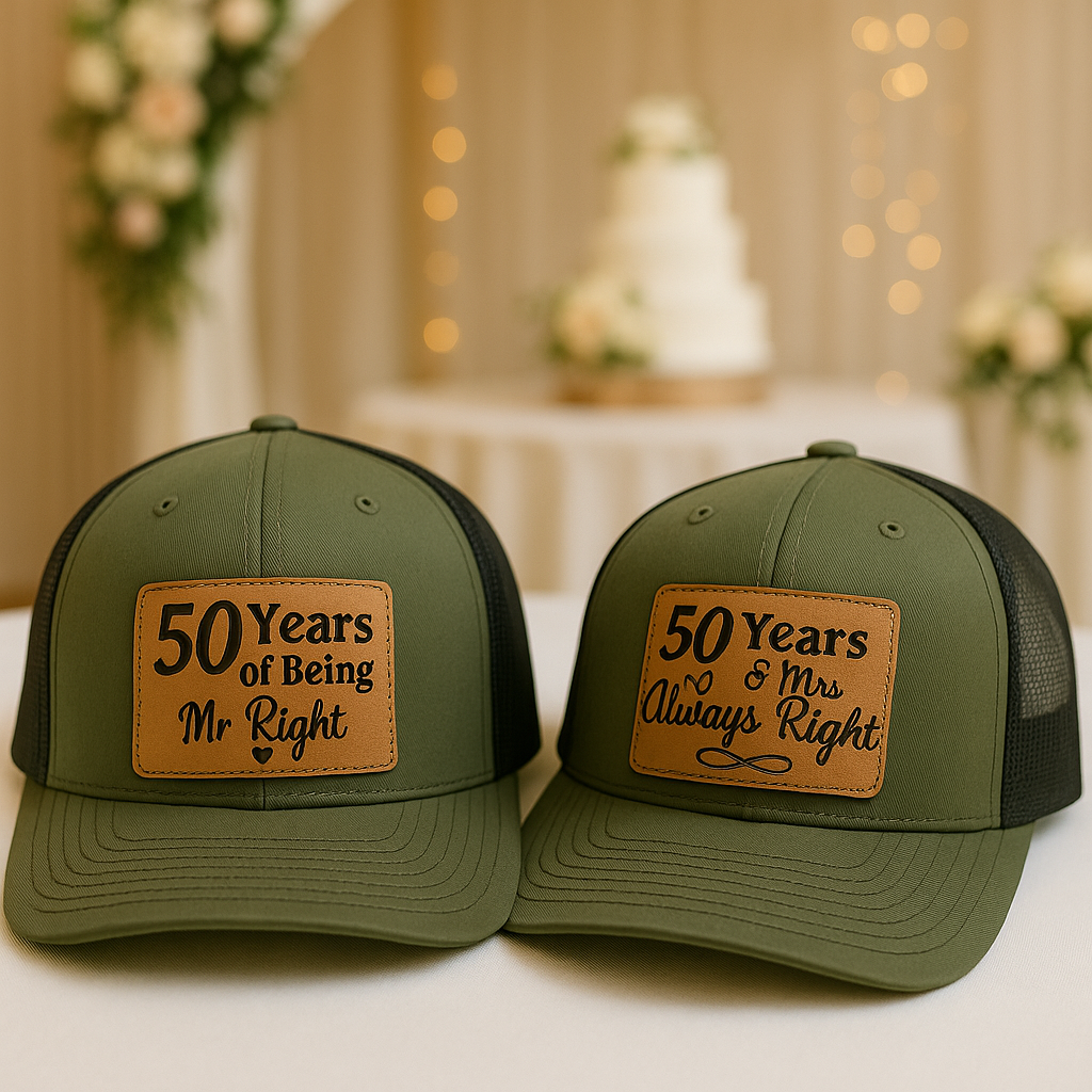 Custom 50th Anniversary Hats – Matching Mr. Right & Mrs. Always Right Trucker Caps, Personalized Golden Wedding Gift for Couple VHA163