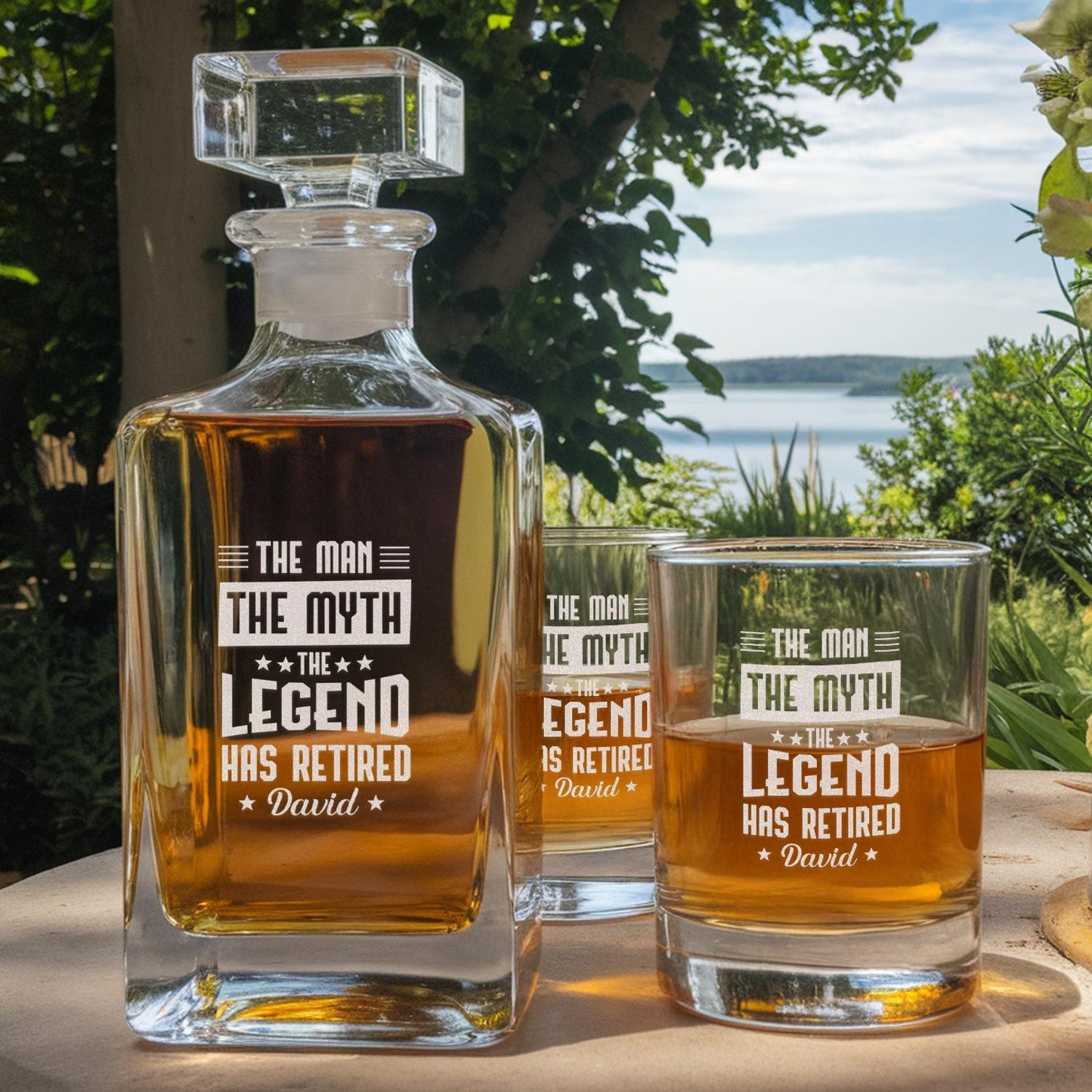 Personalized The Man The Myth The Legend Whiskey Glass And Decanter Set | Retirement Engraved Whiskey Glass | Funny Retired Gifts for Dad