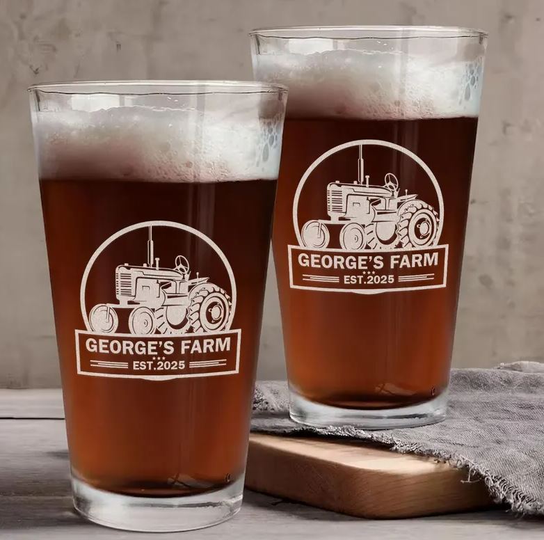 Personalized Farmhouse Tractor Engraved Beer Glass | Custom Farm Name For Dad | Farmer Gifts