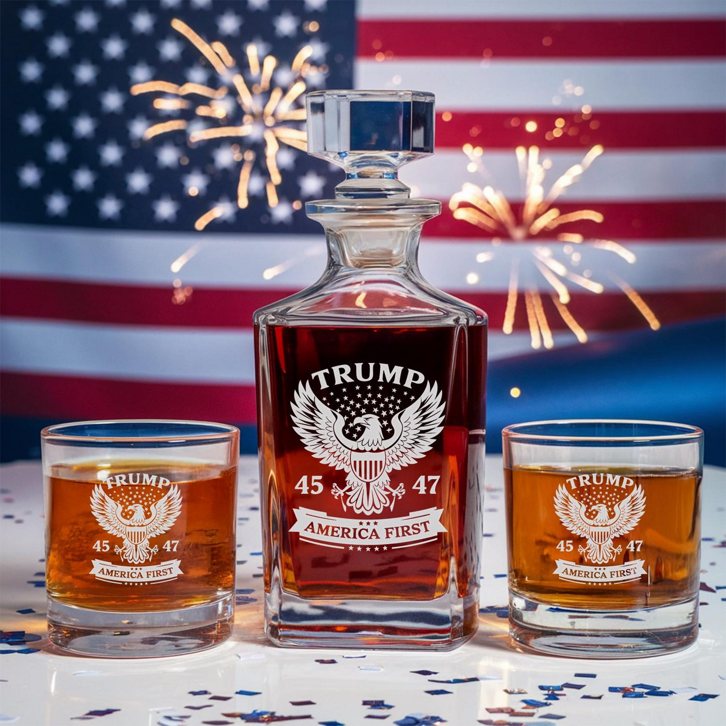 Donald Trump Decanter | Trump 45 & 47 Etched Decanter With Whiskey Glass | MAGA Gift | Patriotic Trump Supporter Gift