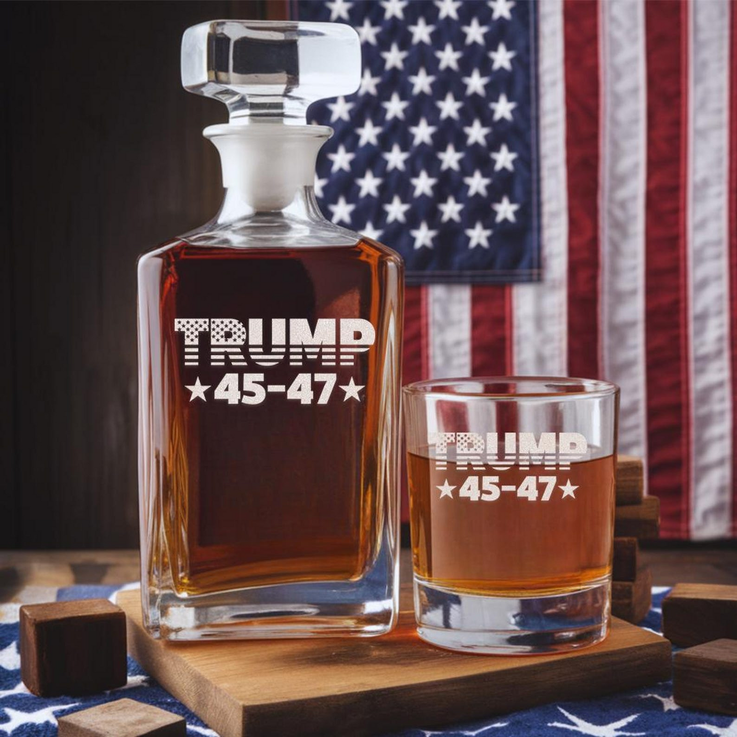 Trump 45/47 Whiskey Decanter Set | Engraved Trump Presidential Whiskey Glasses EO01