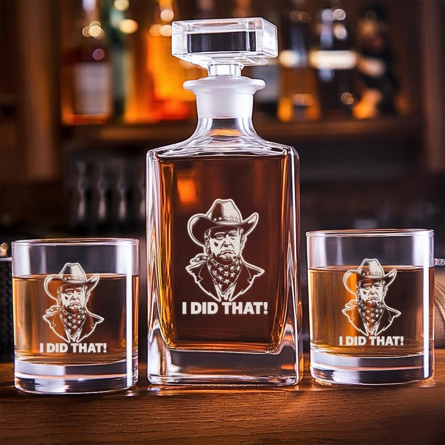 I Did That Trump President Cowboy Whiskey Decanter Set | Donald Trump Engraved Whiskey Glass EO05