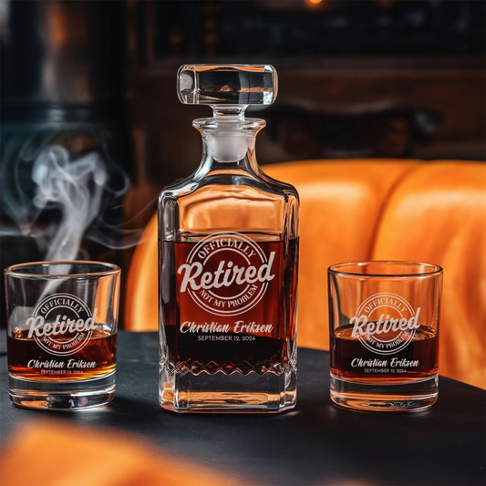 Personalized Officially Retired Whiskey Decanter Set With Glasses | 2025 Retirement Gift | Engraved Whiskey Decanter