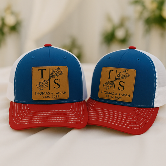Custom Wedding Hats – Personalized Trucker Caps with Couple Initials & Date, Matching Hats for Bride and Groom VHA163