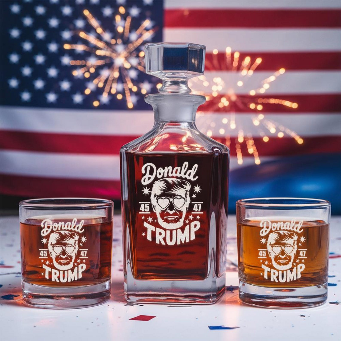 Trump 45 - 47 Funny Whiskey Decanter And Engraved Glass Set EO02