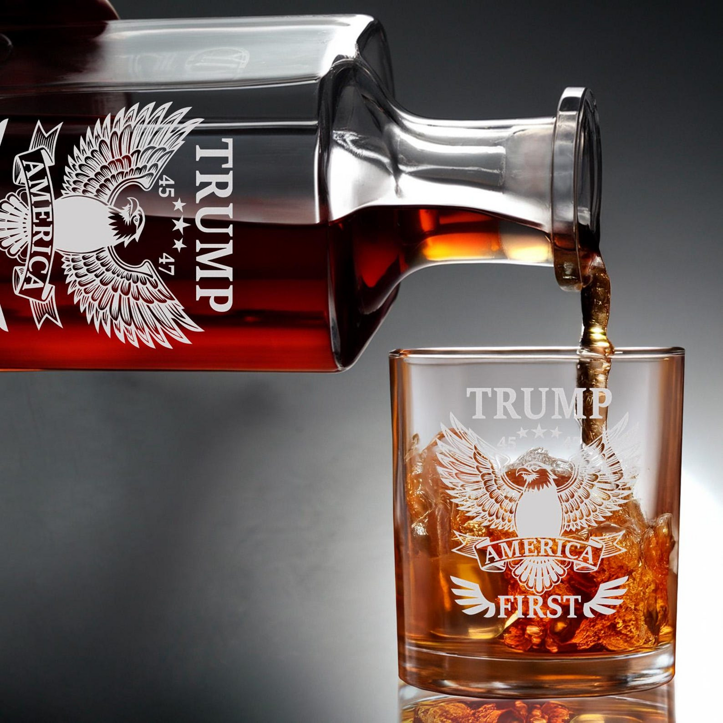 Donald Trump America First 45 & 47 Decanter With Glasses | Laser Engraved Decanter