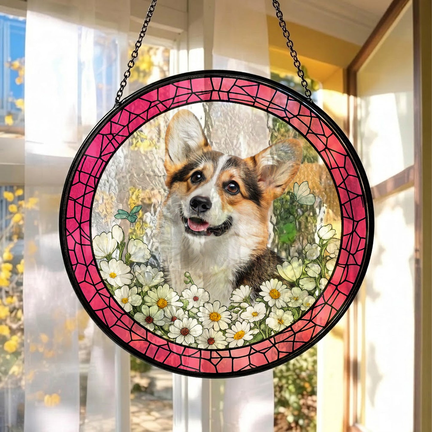 Custom Pet Photo Stained Glass Suncatcher – Personalized Dog Portrait Window Hanging (THUC99)