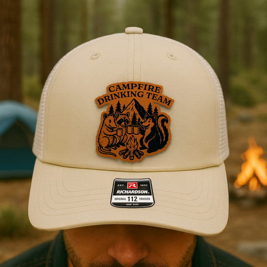 Custom “Campfire Drinking Team” Trucker Hat – Funny Camping Beer Cap – Richardson 112 Outdoor Hat VHA163
