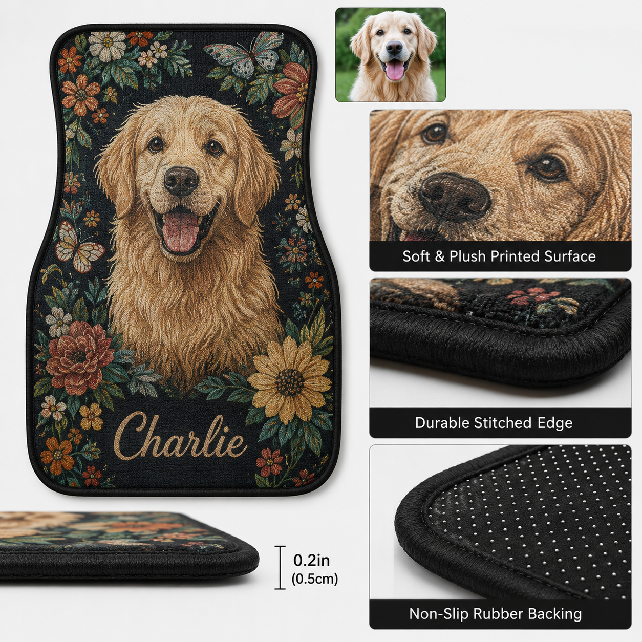 Personalized Dog Car Floor Mats 4-Piece Set, Custom Pet Photo Auto Mat, Dog Lover Gift THUC99