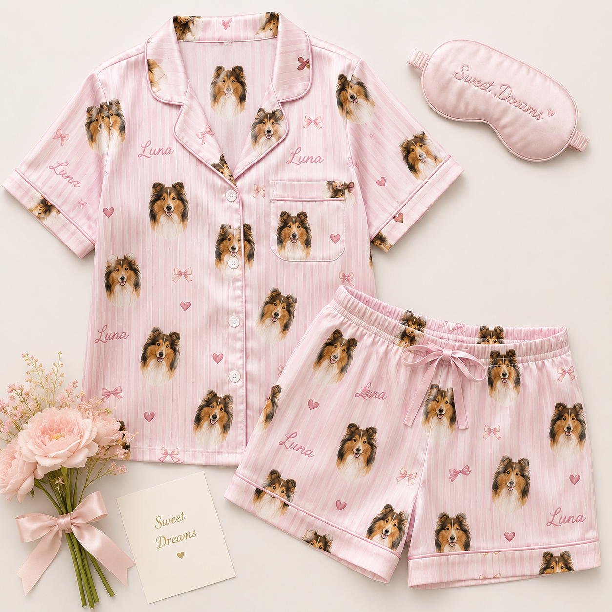 Custom Dog Face Printed Satin Pajamas Set Personalized Pet Photo Sleepwear for Her THUC99
