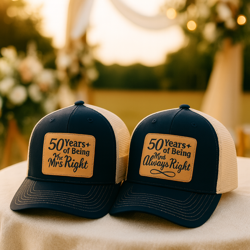 Custom 50th Anniversary Hats – Matching Mr. Right & Mrs. Always Right Trucker Caps, Personalized Golden Wedding Gift for Couple VHA163