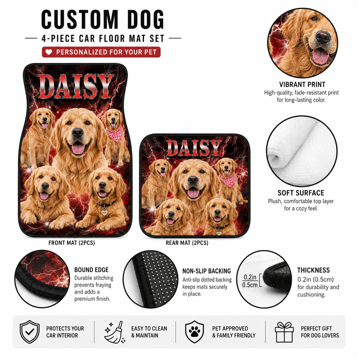 Custom Photo Pet Car Mats 4-Piece Set, Dog Lover Car Interior Accessories THUC99