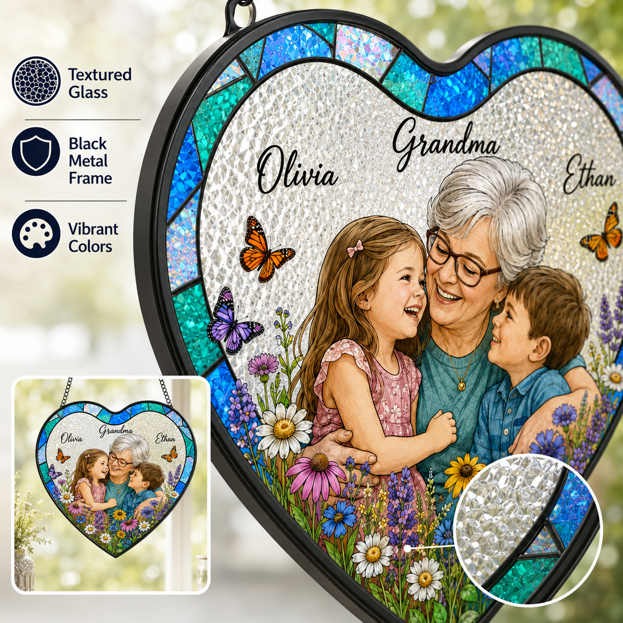 Custom Photo Grandpa & Kids Stained Glass Suncatcher, Personalized Mom Portrait Window Decor THUC99