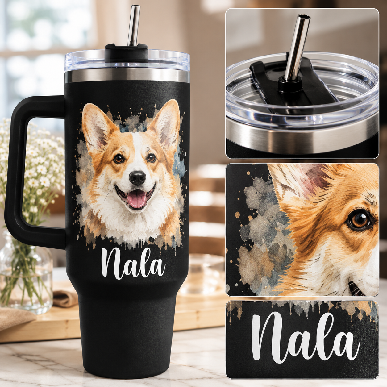 Custom Dog Portrait Travel Mug 40oz – Personalized Pet Picture Tumbler for Dog Lovers THUC99
