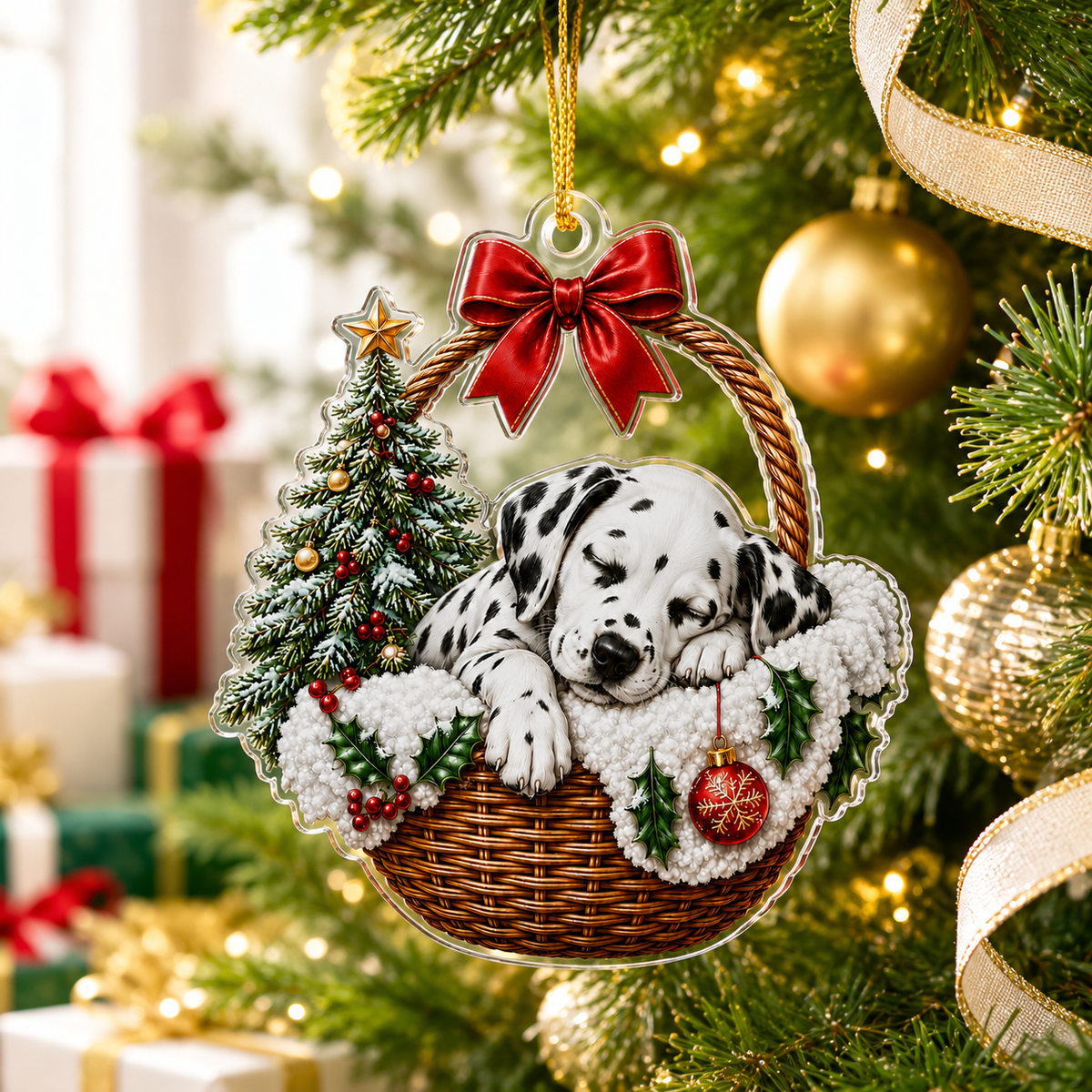 Dog Chrismast With Wicker Basket Dalmantian