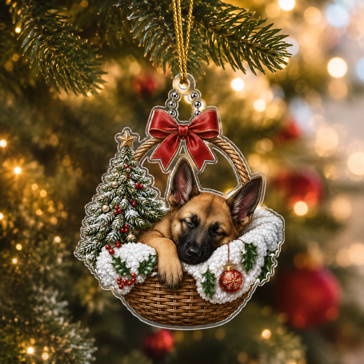 Dog Chrismast With Wicker Basket Belgian Malinois