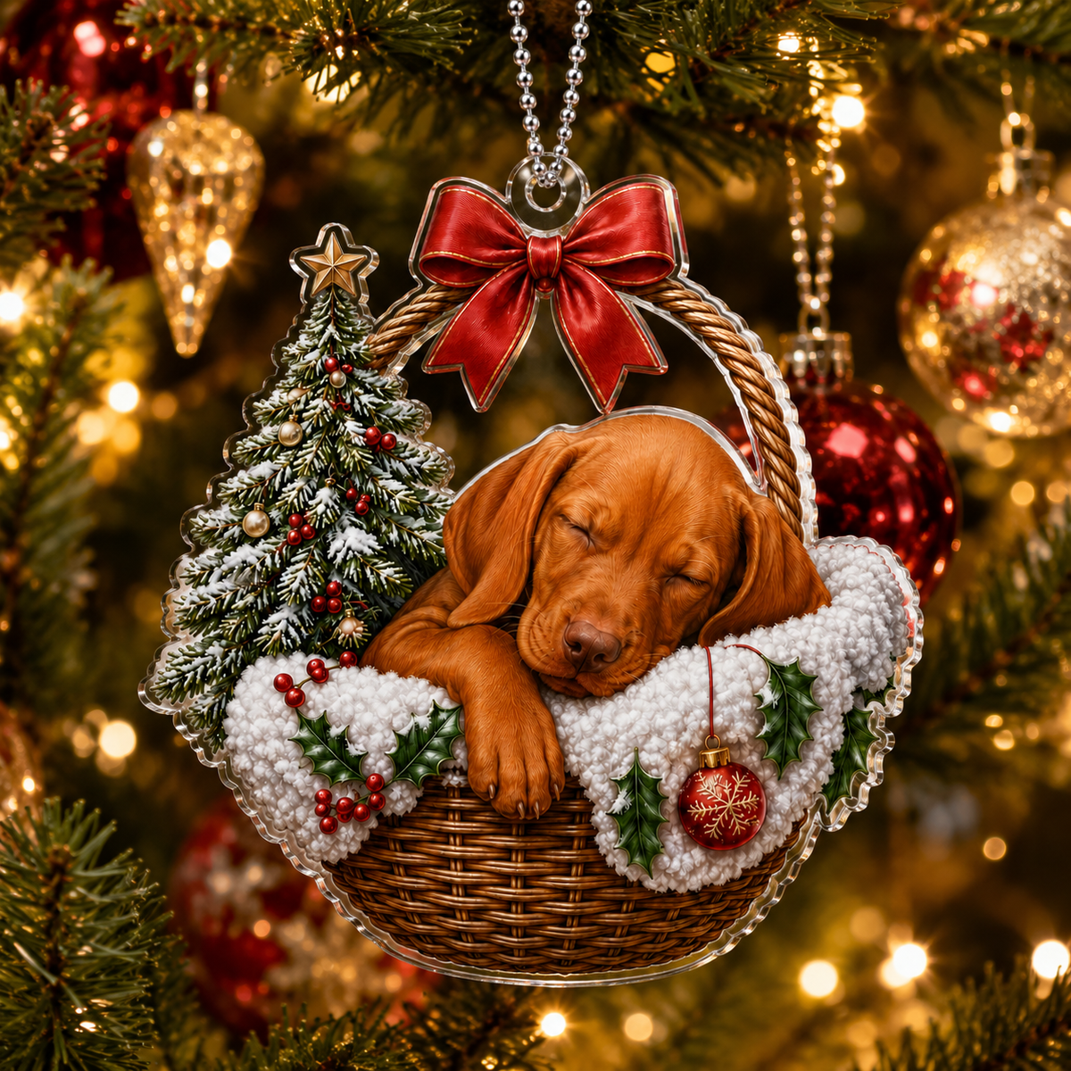Dog Chrismast With Wicker Basket Vizsla