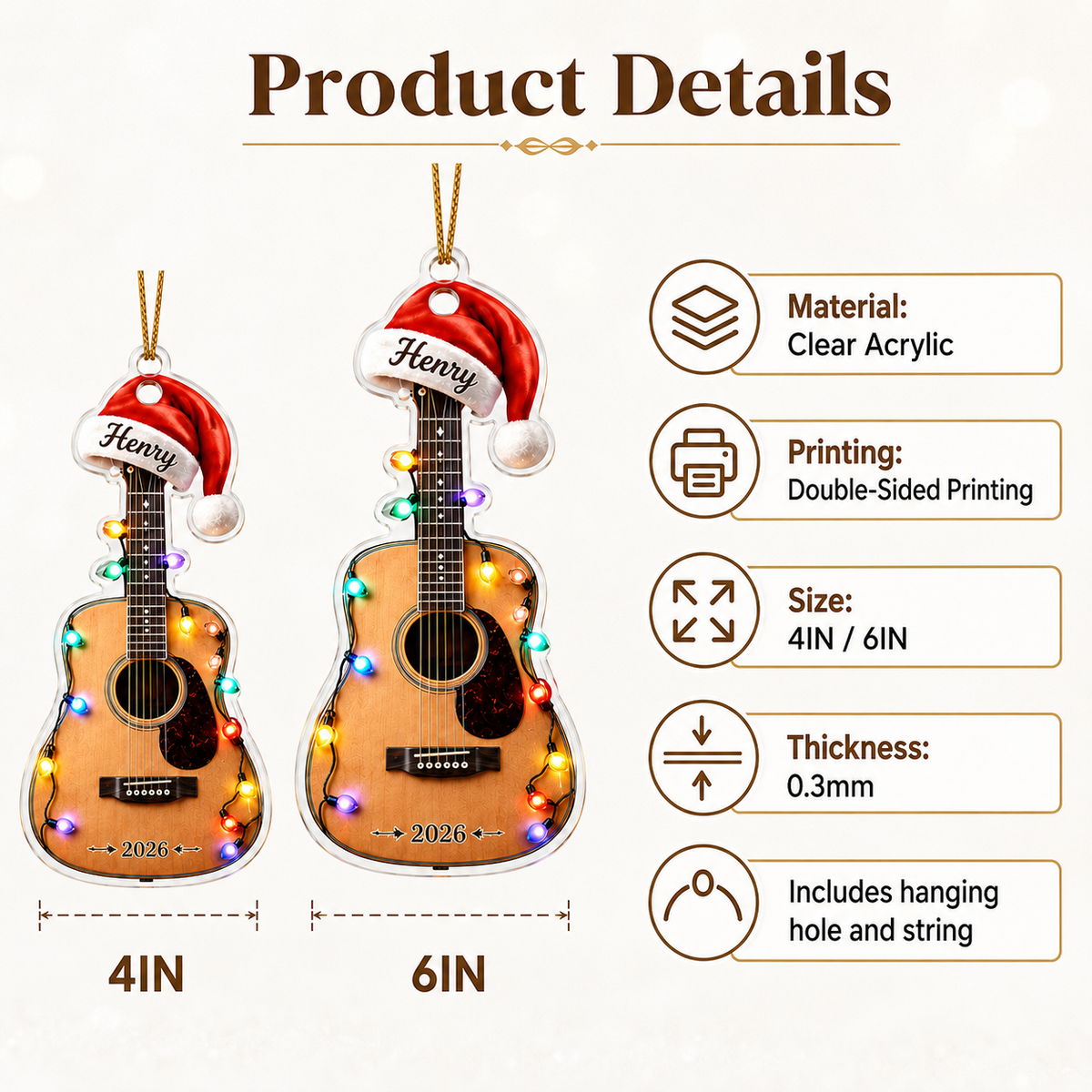 Guitar Custom Name Acrylic - Acoustic Guitar Santa Hat and Lights
