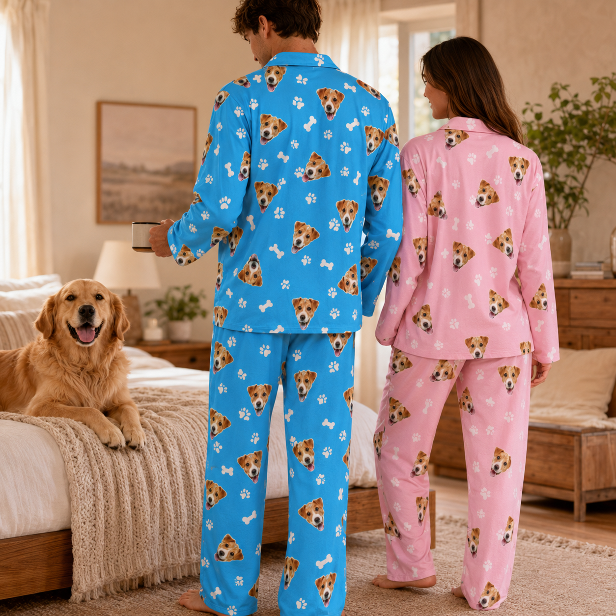 Custom Dog Photo Unisex Pajamas Set, Personalized Pet Face Sleepwear for Men and Women THUC99