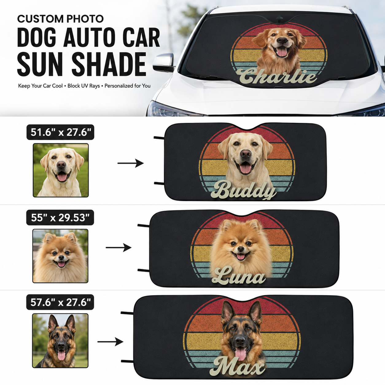 Custom Dog Face Car Sun Shade, Personalized Pet Photo Windshield Cover, Foldable Auto Sunshade THUC99