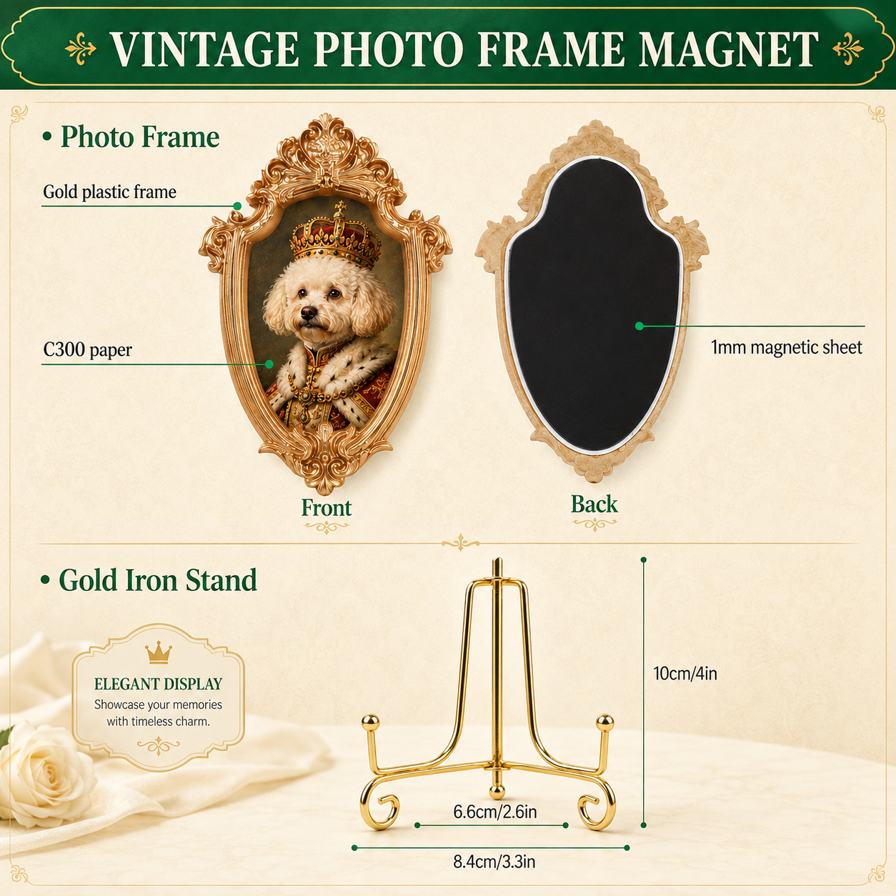 Custom Dog Vintage Photo Frame Magnet, Personalized Pet Portrait Fridge Magnet, Gold Frame Dog Artwork Magnet THUC99