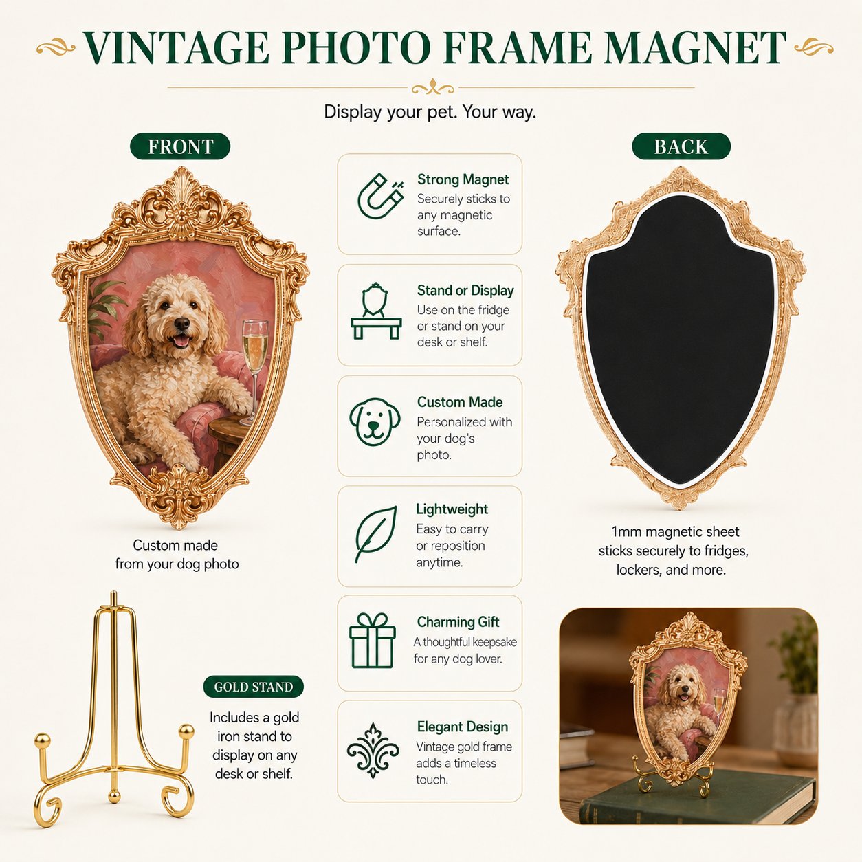 Custom Dog Drinking On Sofa Magnet, Personalized Pet Photo Vintage Frame, Dog Lover Gift THUC99
