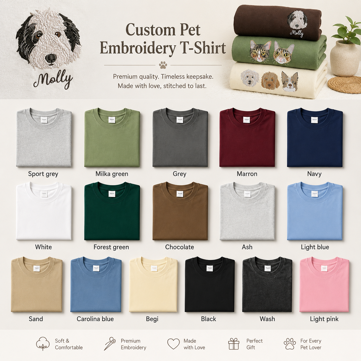 Custom Dog Face Embroidered Tee, Personalized Pet Lover Shirt, Dog Mom Dad Gift THUC99