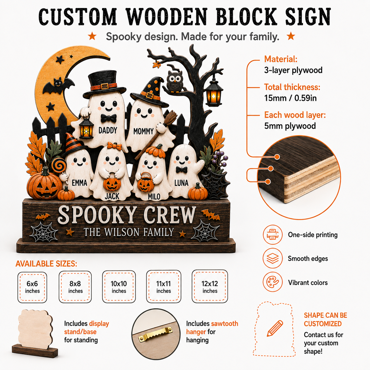 Personalized Halloween Family Boo Wooden Block 2D Flat, Custom Wood Sign, Home Decor THUC99