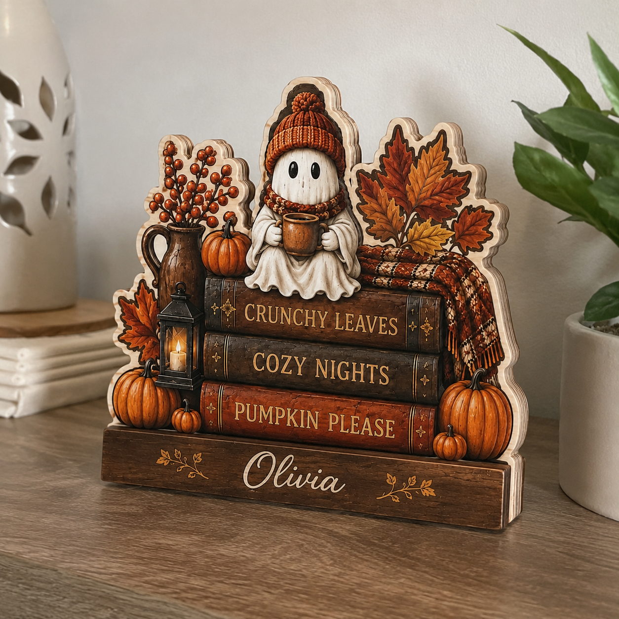 Personalized Booking Wooden Block Halloween 2D Flat, Custom Wood Sign, Spooky Decor THUC99