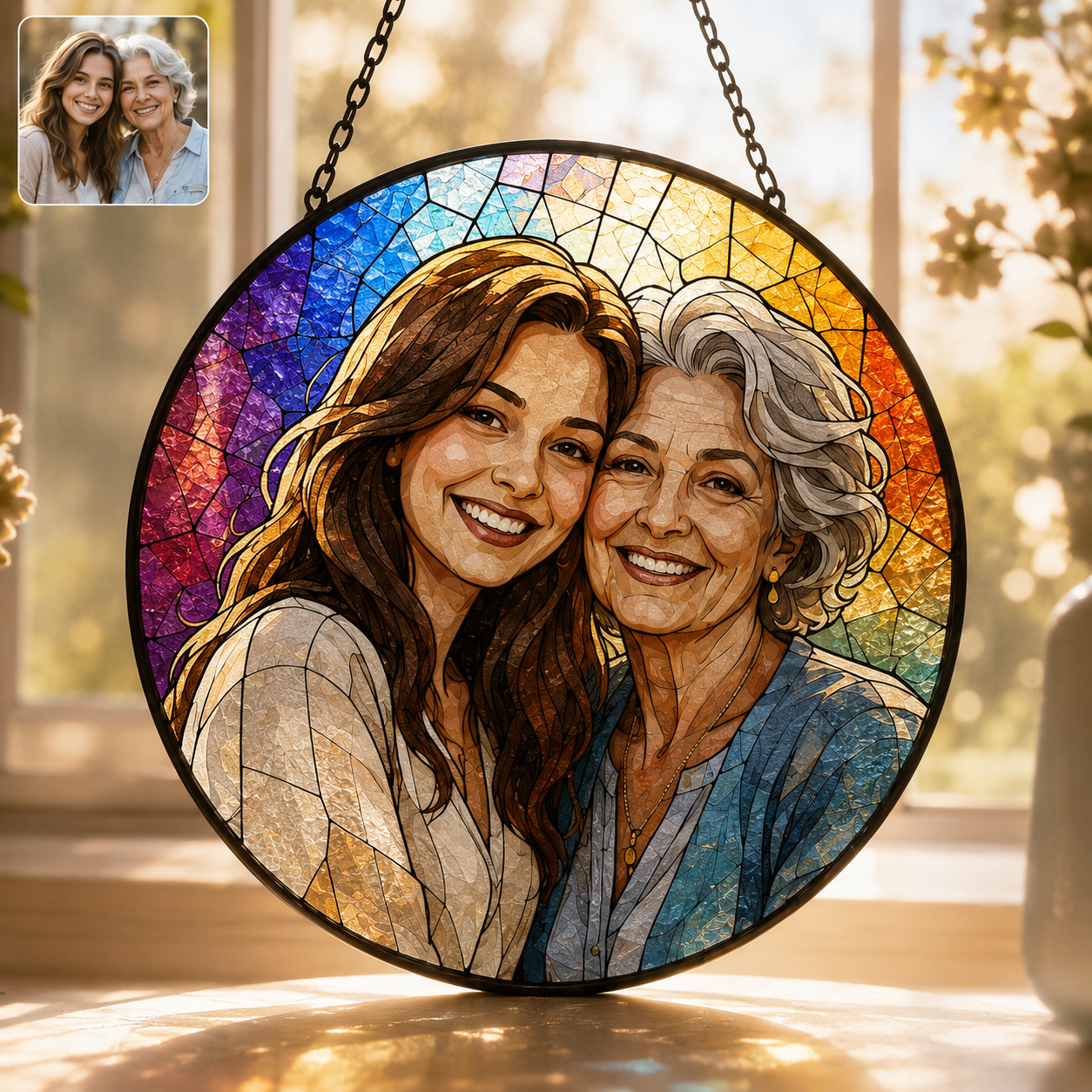 Personalized Grandma and Grandkids Photo Suncatcher, Custom Stained Glass Window Hanging Decor THUC99