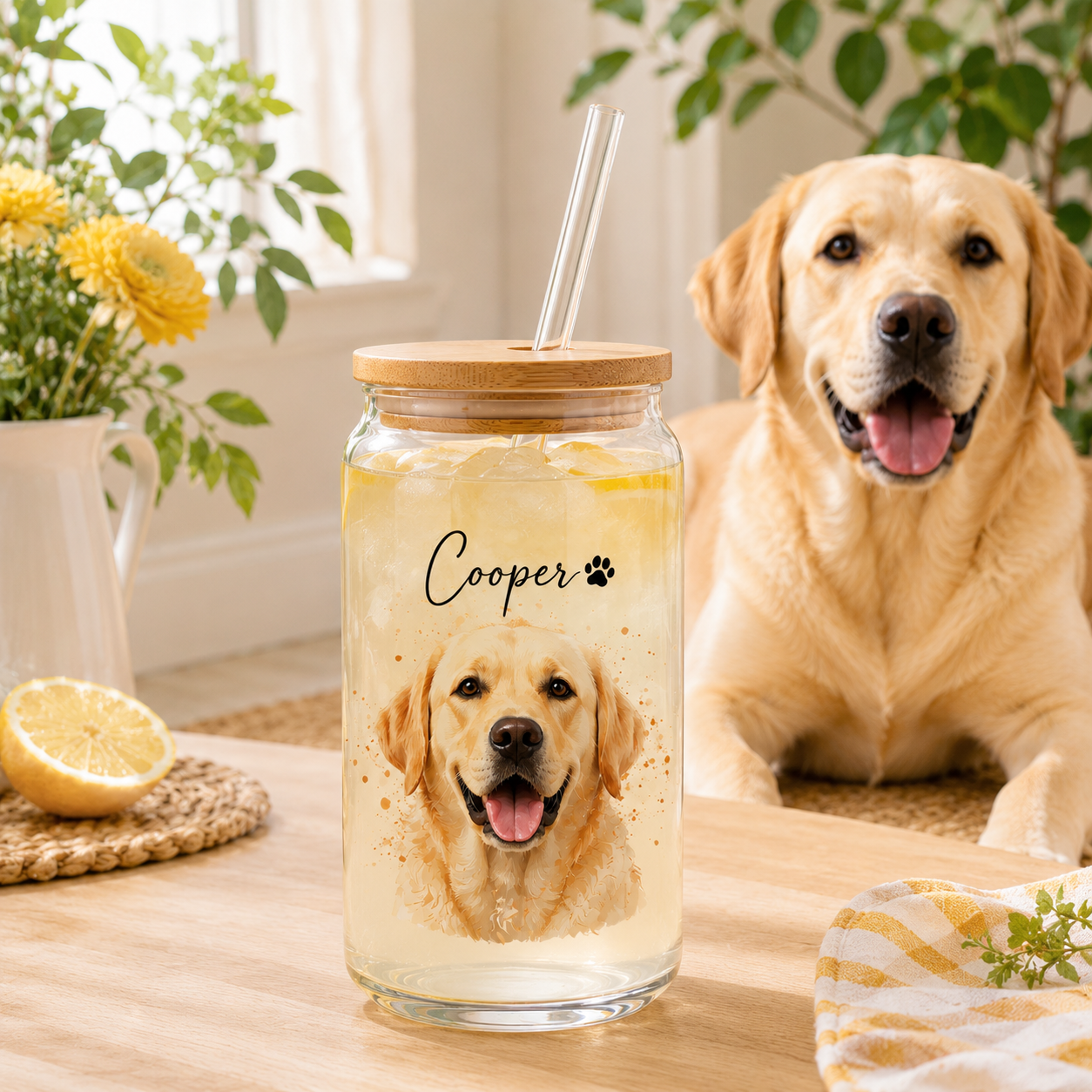 Custom Dog Photo Iced Coffee Glass – 16oz Personalized Cup with Bamboo Lid THUC99